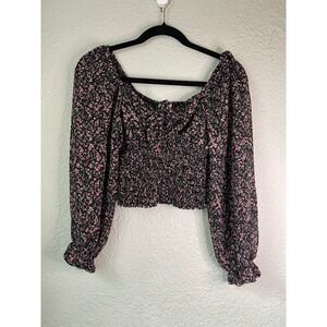 Pofrills Floral Crop Top Smocked Square Neck Long‎ Sleeve Blouse XS